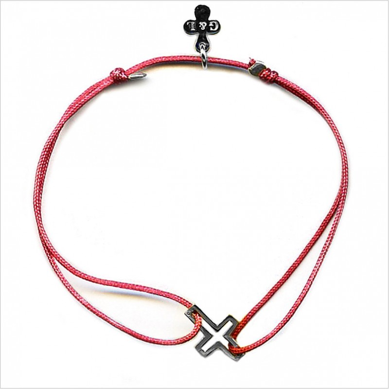 Bracelet croix évidée sur lien soyeux coulissant en argent - Bijoux modernes - Gag and Lou - bijoux fantaisie