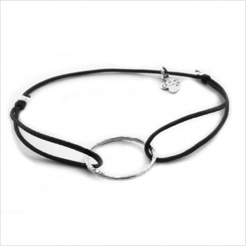 Bracelet anneau martelé 20 mm en argent sur lien soyeux ajustable - Bijoux fins et fantaisies