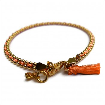 Bracelet gourmette boules en plaqué or enfilé d'un lien soyeux de couleur - Bijoux fins et fantaisies