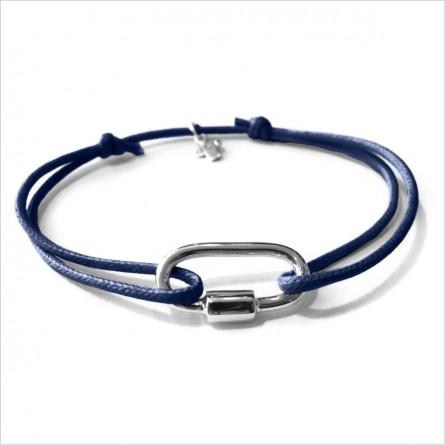 Mousqueton en argent sur lien bleu marine ajustable - Bijoux intemporels de créateur