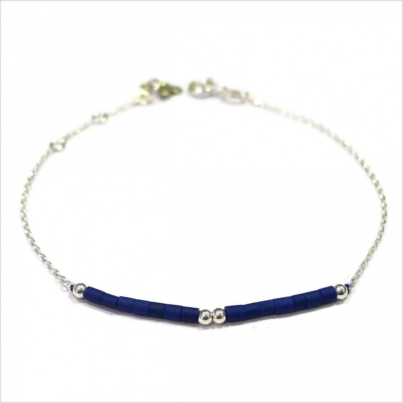 Bracelet Goa avec perles tubes bleue sur chaine argent - Bijoux modernes - Gag et Lou