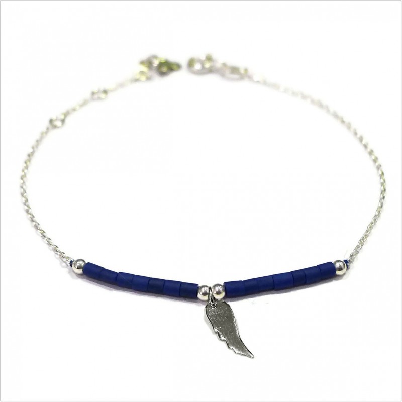 Bracelet Goa aile d'ange pendante avec perles tubes bleue sur chaine argent - Bijoux modernes - Gag et Lou - bijoux fantaisie