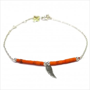 Bracelet Goa aile d'ange pendante avec perles tubes rose saumon sur chaine argent - Bijoux modernes - Gag et Lou