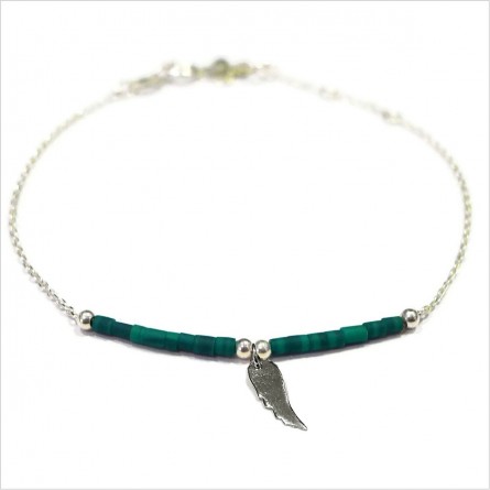 Bracelet Goa aile d'ange pendante avec perles tubes verte émeraude sur chaine argent - Bijoux modernes - Gag et Lou