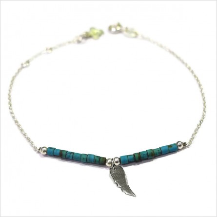 Bracelet Goa aile d'ange pendante avec perles tubes turquoise sur chaine argent - Bijoux modernes - Gag et Lou