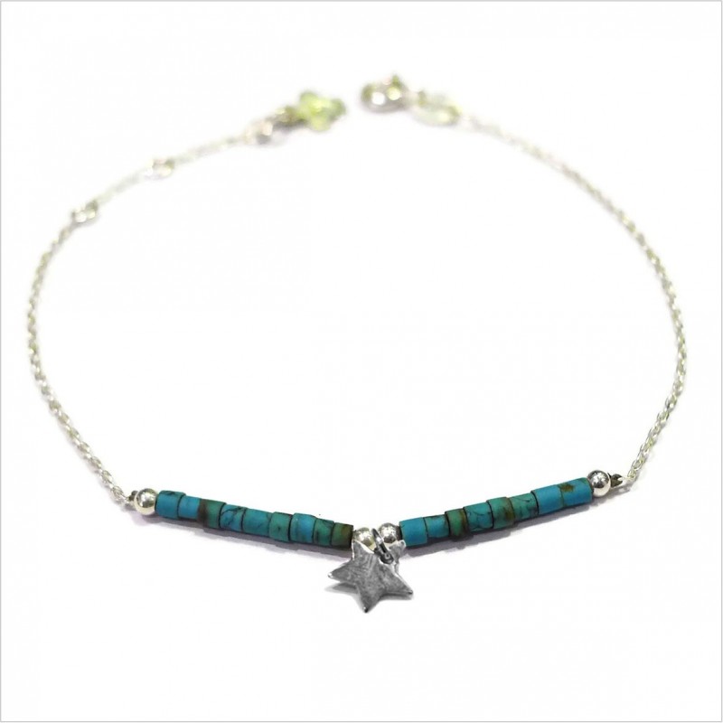 Bracelet Goa étoile pendante avec perles tubes tuquoise sur chaine argent - Bijoux modernes - Gag et Lou - bijoux fantaisie