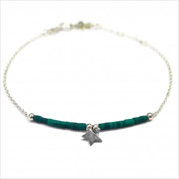 Bracelet Goa étoile pendante avec perles tubes verte émeraude sur chaine argent - Bijoux modernes - Gag et Lou