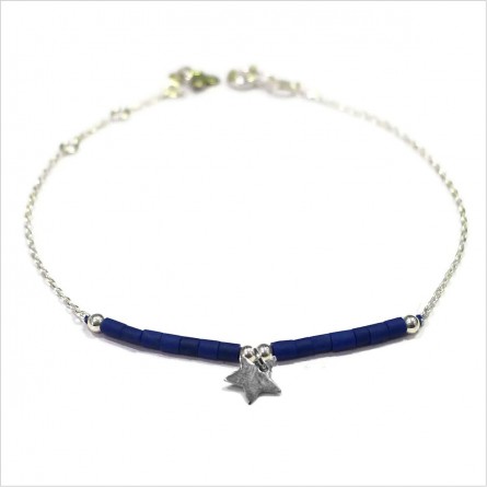 Bracelet Goa étoile pendante avec perles tubes bleue marine sur chaine argent - Bijoux modernes - Gag et Lou - bijoux fantaisie
