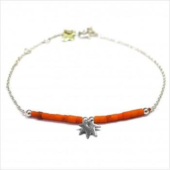 Bracelet Goa feuille pendante avec perles tubes rose saumon sur chaine argent - Bijoux modernes - Gag et Lou