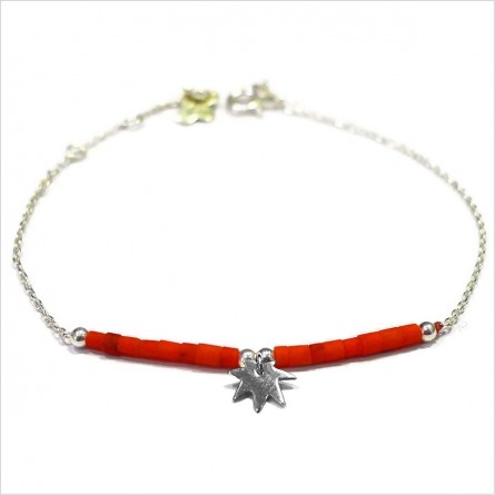 Bracelet Goa feuille pendante avec perles tubes rouge sur chaine argent - Bijoux modernes - Gag et Lou