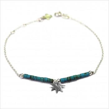 Bracelet Goa feuille pendante avec perles tubes turquoise sur chaine argent - Bijoux modernes - Gag et Lou
