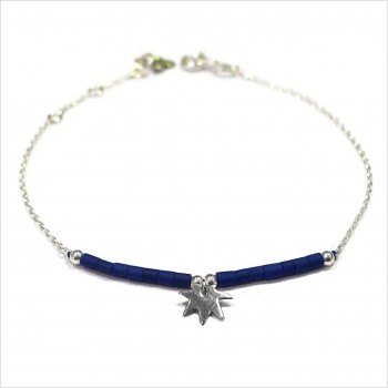 Bracelet Goa feuille pendante avec perles tubes bleue sur chaine argent - Bijoux modernes - Gag et Lou