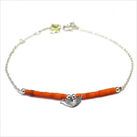 Bracelet Goa oiseau avec perles tubes rose saumon sur chaine argent - Bijoux modernes - Gag et Lou - bijoux fantaisie
