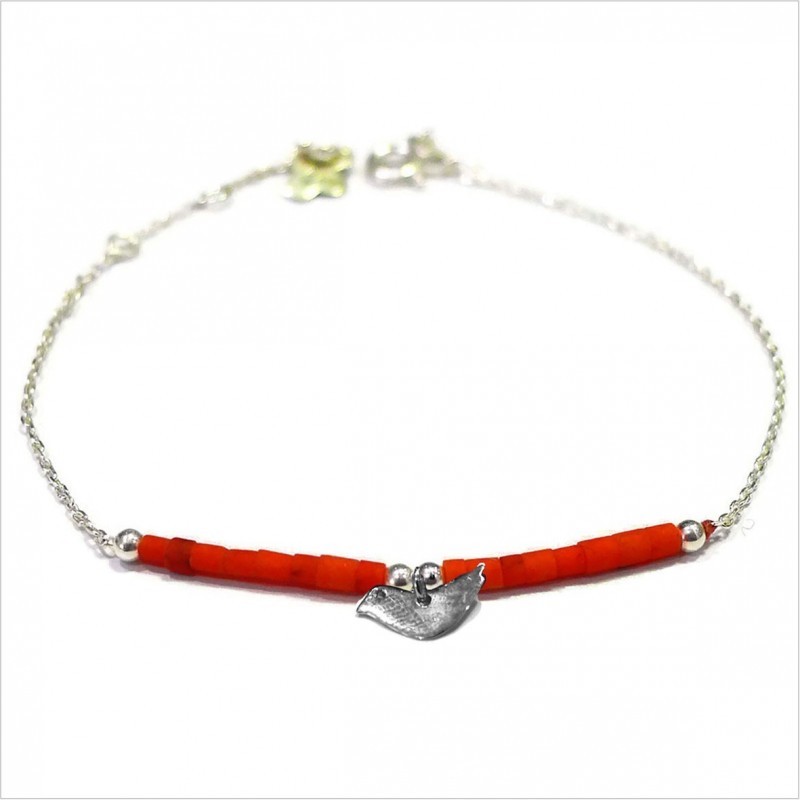 Bracelet Goa oiseau avec perles tubes rouge sur chaine argent - Bijoux modernes - Gag et Lou - bijoux fantaisie