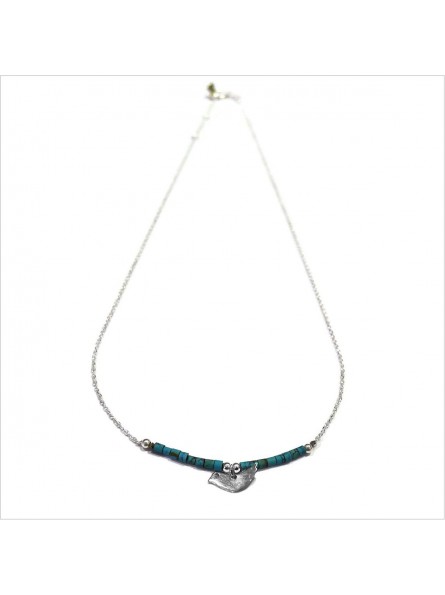 Collier Goa oiseau avec perles tubes turquoise sur chaine argent - Bijoux modernes - Gag et Lou - bijoux fantaisie