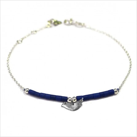 Bracelet Goa oiseau pendant avec perles tubes bleue sur chaine argent - Bijoux modernes - Gag et Lou - bijoux fantaisie
