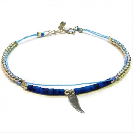 Bracelet Goa sur lien Perles tube bleue sur lien aile d'ange en argent - Bijoux modernes - Gag and Lou - bijoux fantaisie
