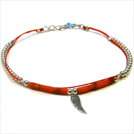 Bracelet Goa sur lien Perles tube corail sur lien aile d'ange en argent - Bijoux modernes - Gag and Lou - bijoux fantaisie