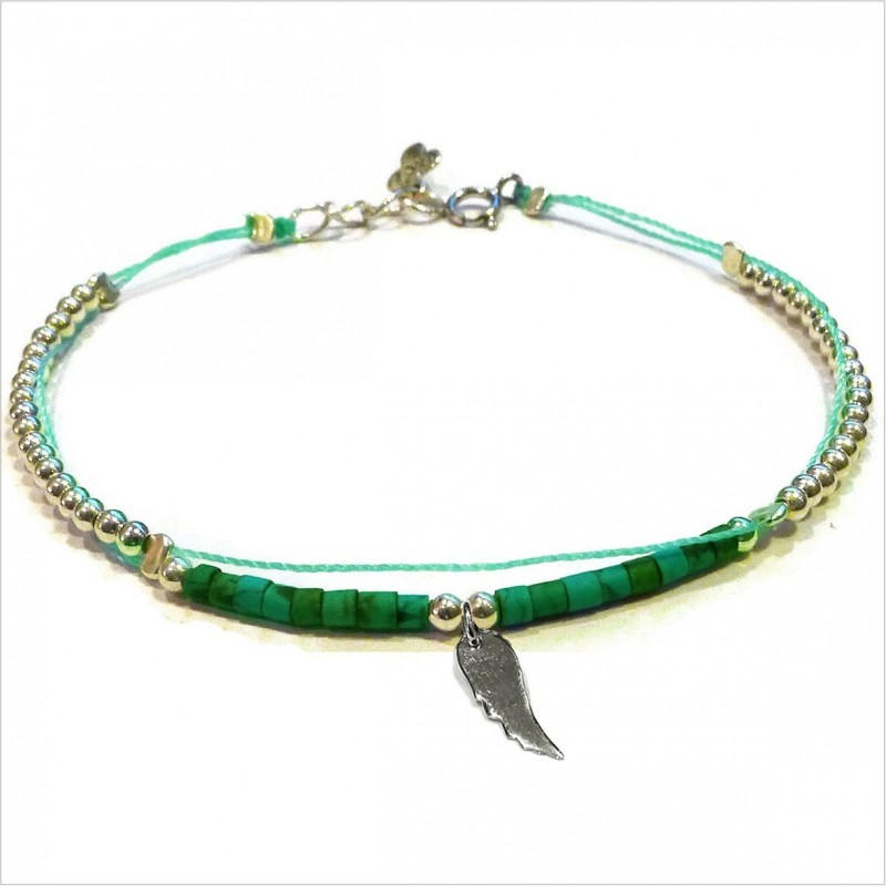 Bracelet Goa sur lien Perles tube vert sur lien aile d'ange en argent - Bijoux modernes - Gag and Lou - bijoux fantaisie