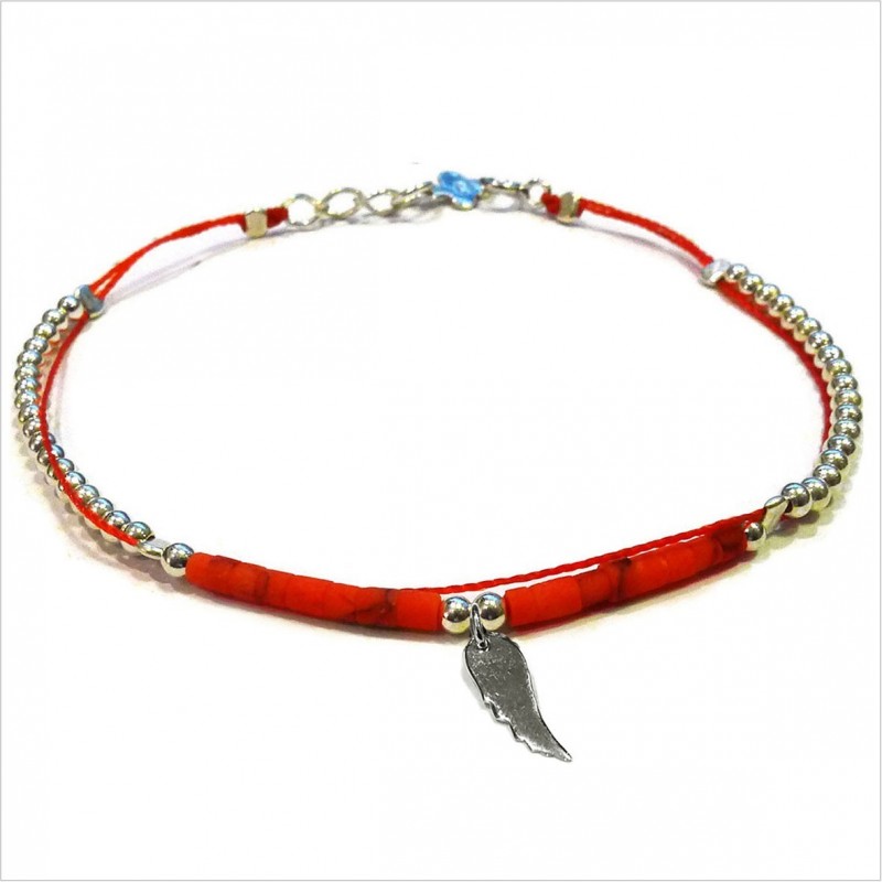Bracelet Goa sur lien Perles tube rouge sur lien aile d'ange en argent - Bijoux modernes - Gag and Lou - bijoux fantaisie