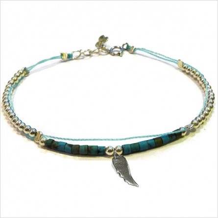 Bracelet Goa sur lien Perles tube turquoise sur lien aile d'ange en argent - Bijoux modernes - Gag and Lou - bijoux fantaisie