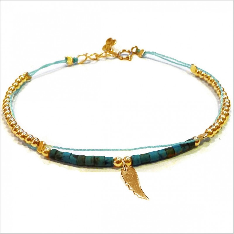 Bracelet Goa sur lien Perles tube turquoise sur lien aile d'ange en plaqué or - Bijoux modernes - Gag and Lou - bijoux fantaisie