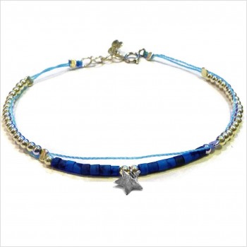 Bracelet Goa sur lien Perles tube bleue sur lien charms étoile en argent - Bijoux modernes - Gag and Lou - Bijoux fantaisie