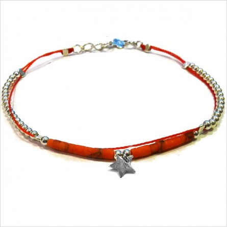 Bracelet Goa sur lien Perles tube corail sur lien charms étoile en argent - Bijoux modernes - Gag and Lou - Bijoux fantaisie