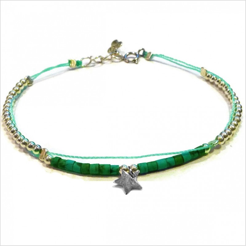 Bracelet Goa sur lien Perles tube vert sur lien charms étoile en argent - Bijoux modernes - Gag and Lou - Bijoux fantaisie
