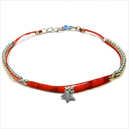 Bracelet Goa sur lien Perles tube rouge sur lien charms étoile en argent - Bijoux modernes - Gag and Lou - Bijoux fantaisie