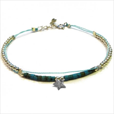 Bracelet Goa sur lien Perles tube turquoise sur lien charms étoile en argent - Bijoux modernes - Gag and Lou - Bijoux fantaisie
