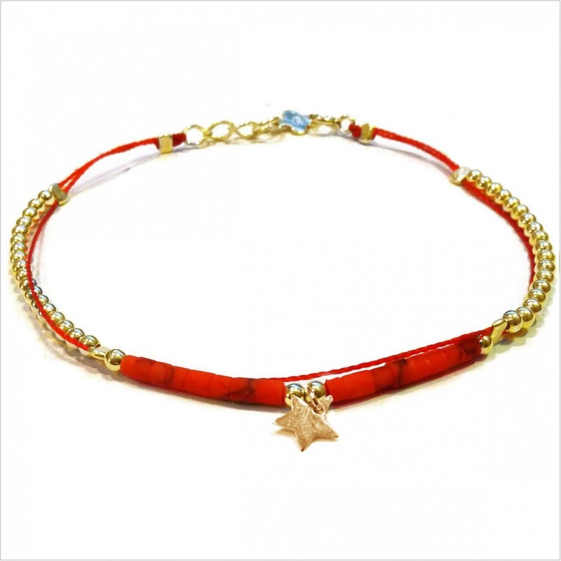 Bracelet Goa sur lien Perles tube rouge sur lien charms étoile en plaqué or - Bijoux modernes - Gag and Lou - Bijoux fantaisie