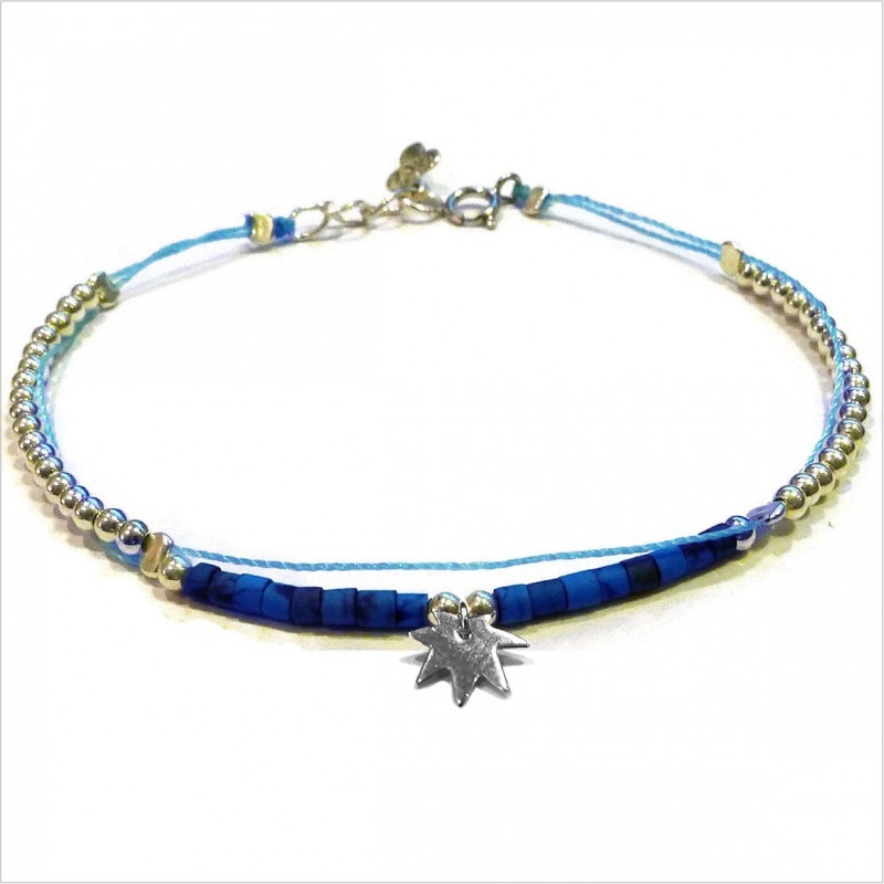 Bracelet Goa sur lien Perles tube bleue sur lien charms feuille en argent - Bijoux modernes - Gag and Lou - Bijoux fantaisie