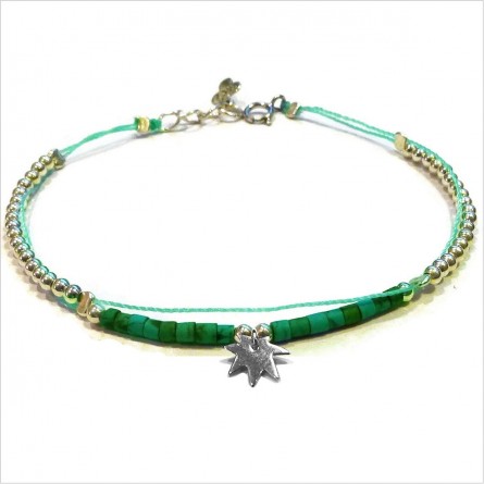 Bracelet Goa sur lien Perles tube vert sur lien charms feuille en argent - Bijoux modernes - Gag and Lou - Bijoux fantaisie
