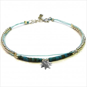 Bracelet Goa sur lien Perles tube turquoise sur lien charms feuille en argent - Bijoux modernes - Gag and Lou - Bijoux fantaisie