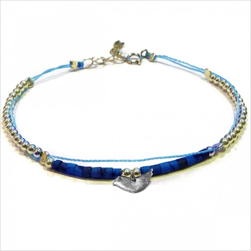 Bracelet Goa sur lien Perles tube bleue sur lien charms oiseau en argent - Bijoux modernes - Gag and Lou - Bijoux fantaisie