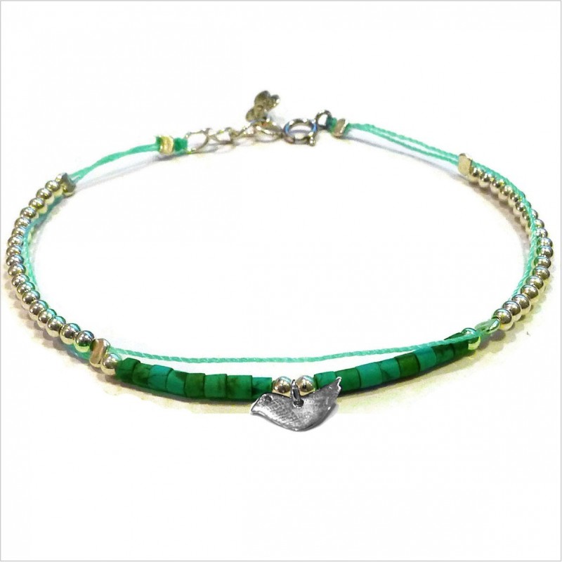 Bracelet Goa sur lien Perles tube vert sur lien charms oiseau en argent - Bijoux modernes - Gag and Lou - Bijoux fantaisie