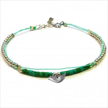 Bracelet Goa sur lien Perles tube vert sur lien charms oiseau en argent - Bijoux modernes - Gag and Lou - Bijoux fantaisie