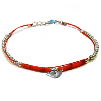 Bracelet Goa sur lien Perles tube rouge sur lien charms oiseau en argent - Bijoux modernes - Gag and Lou - Bijoux fantaisie