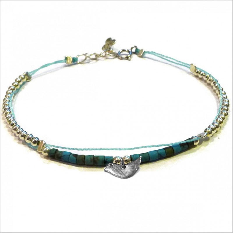 Bracelet Goa sur lien Perles tube turquoise sur lien charms oiseau en argent - Bijoux modernes - Gag and Lou - Bijoux fantaisie