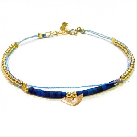 Bracelet Goa sur lien Perles tube bleue sur lien charms oiseau en plaqué or - Bijoux modernes - Gag and Lou - Bijoux fantaisie