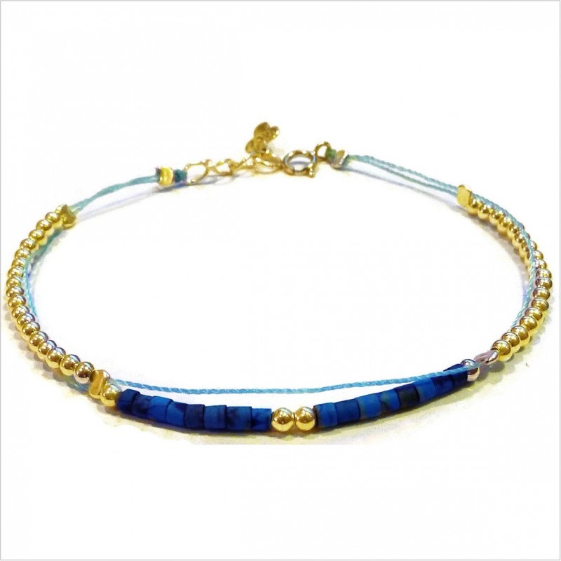 Bracelet Goa sur lien Perles tube bleue sur lien sans charms en plaqué or - Bijoux modernes - Gag and Lou - Bijoux fantaisie