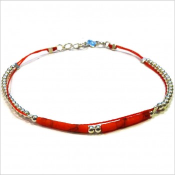 Bracelet Goa sur lien Perles tube rouge sur lien sans charms en argent - Bijoux modernes - Gag and Lou - Bijoux fantaisie