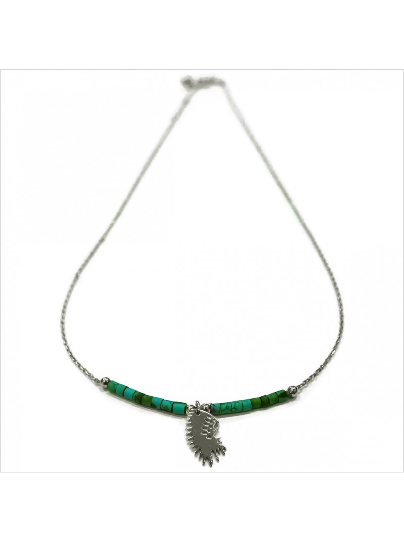 Collier Goa coiffe d'indien pendante avec perles tubes verte émeraude sur chaine argent - Bijoux modernes - Gag et Lou