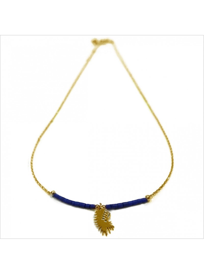 Collier Goa coiffe d'indien pendante avec perles tubes bleue sur chaine plaqué or - Bijoux modernes - Gag et Lou