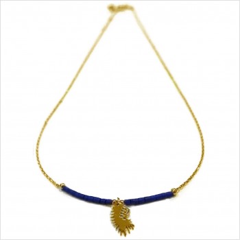 Collier Goa coiffe d'indien pendante avec perles tubes bleue sur chaine plaqué or - Bijoux modernes - Gag et Lou