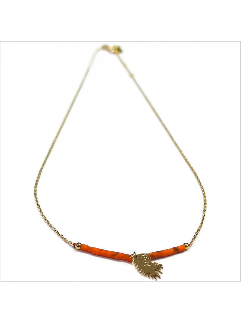 Collier Goa coiffe d'indien pendante avec perles tubes rose saumon sur chaine plaqué or - Bijoux modernes - Gag et Lou