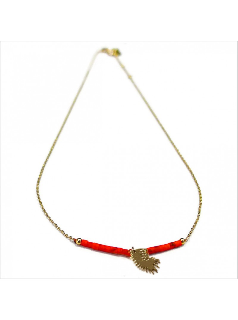 Collier Goa coiffe d'indien pendante avec perles tubes rouge sur chaine plaqué or - Bijoux modernes - Gag et Lou