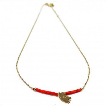 Collier Goa coiffe d'indien pendante avec perles tubes rouge sur chaine plaqué or - Bijoux modernes - Gag et Lou