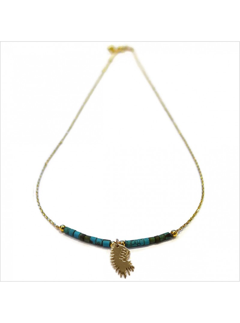 Collier Goa coiffe d'indien pendante avec perles tubes turquoise sur chaine plaqué or - Bijoux modernes - Gag et Lou